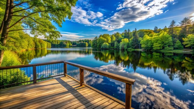 Serene tranquil wooden deck overlooking calm lake waters reflecting the majestic blue sky with lush green trees surrounding the peaceful atmosphere.