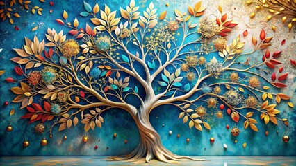 Vibrant floral tree with multicolored leaves on hanging branches set against a stunning blue, white, and golden abstract 3d illustration background for wall art decor.