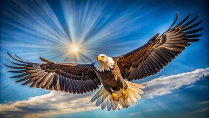 Majestic bald eagle spreads expansive wingspan, soaring through crisp blue sky, feathers glistening in sunlight, an apex predator in effortless, majestic flight.
