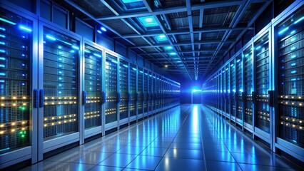 Fototapeta premium Darkened server room with rows of humming servers, blinking network equipment, and eerie blue glow of screens, conveying a sense of nighttime it operations.