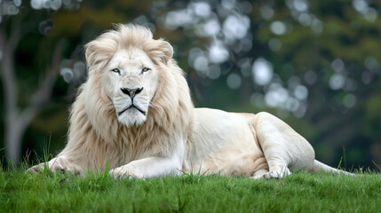 Transvaal white lion lay on grass in nature (Zoo)