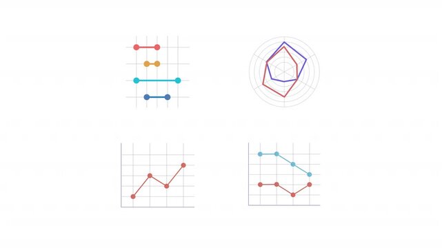Animated linear charts. Data graphs animation library. Moving dots, rectangles. Dumbbell plot infographic. Colorful illustrations on white background. HD video with alpha channel. Motion graphic