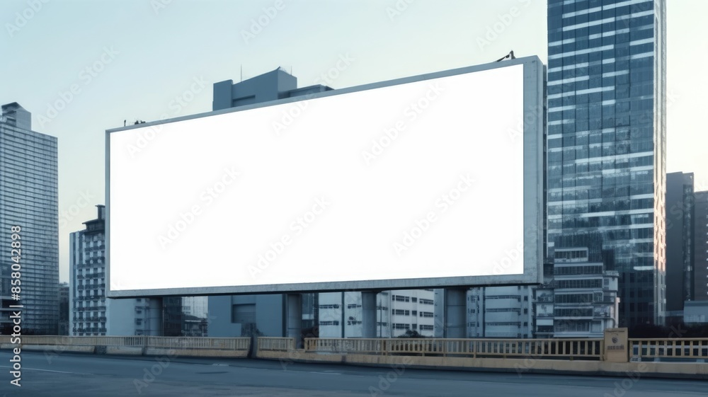 Poster a mockup of billboard with white color blank space setting in between building of city. a large big 