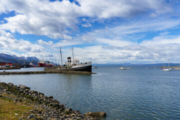 Ships on the shores of the Beagle Channel in the city of Tierra del Fuego, Ushuaia - Argentina.