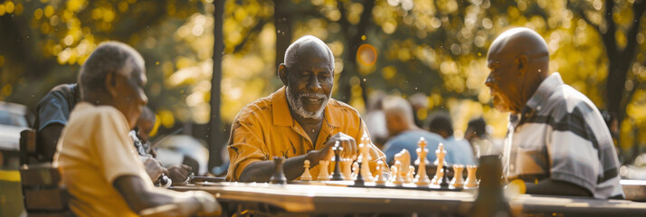 Elderly African Americans individuals enjoy a game of chess in a lively city park, surrounded by trees and laughter, they strategize over the board, embracing the peaceful yet stimulating pastime