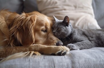 Obraz premium Golden Retriever and Cat High Five on Bed