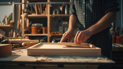 An experienced artisan carefully shapes wooden elements, demonstrating the art of fine woodworking in his cluttered workshop. AIG41