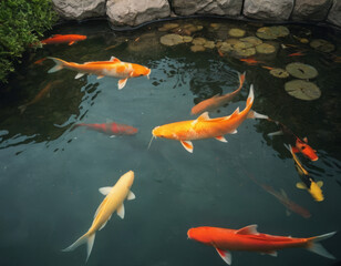 Carpe koi che nuotano tra i riflessi degli alberi in un tranquillo laghetto.
