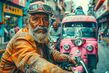 Fototapeta premium Portrait of an adventurous senior biker enjoying a ride in a bustling city