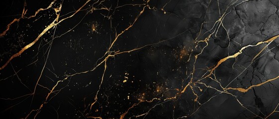 A stunning abstract composition of black marble with bold gold veins and splashes, creating a luxurious and dramatic atmosphere.