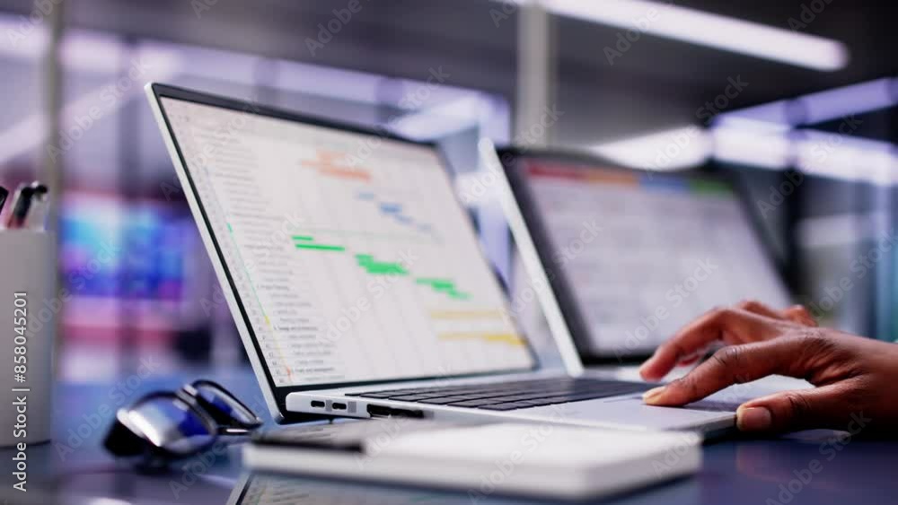 Aufkleber african american woman using laptop to manage multiple tasks and projects