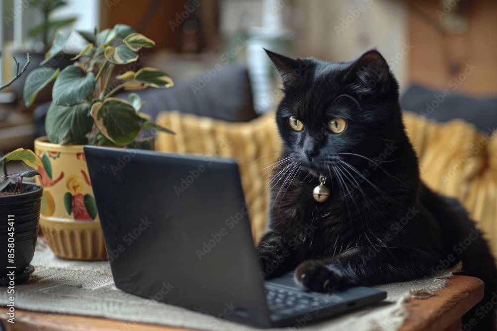 Poster black cat working on a computer