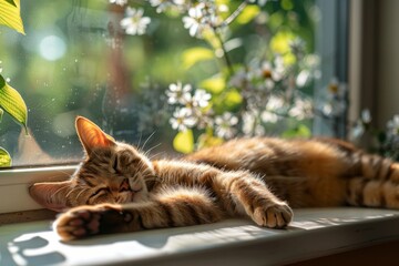 Red domestic cat lies on the windowsill