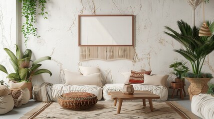 A modern bohemian living room featuring a white wall with a large empty picture frame, a white couch with pillows, a coffee table, and plants