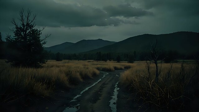 A narrow, winding path runs through a dense, leafless forest under a gloomy, overcast sky. The ground is wet, suggesting recent rain, and the bare trees create a dark,