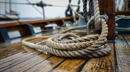 Obraz premium A strong, taut rope is attached to a stainless steel hook on the ship's deck.
