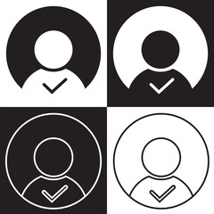 Profile with checkmark icon set, line outline art user account accepted symbol with tick, approved or applied person sign on white and black background. Vector illustration. EPS 10