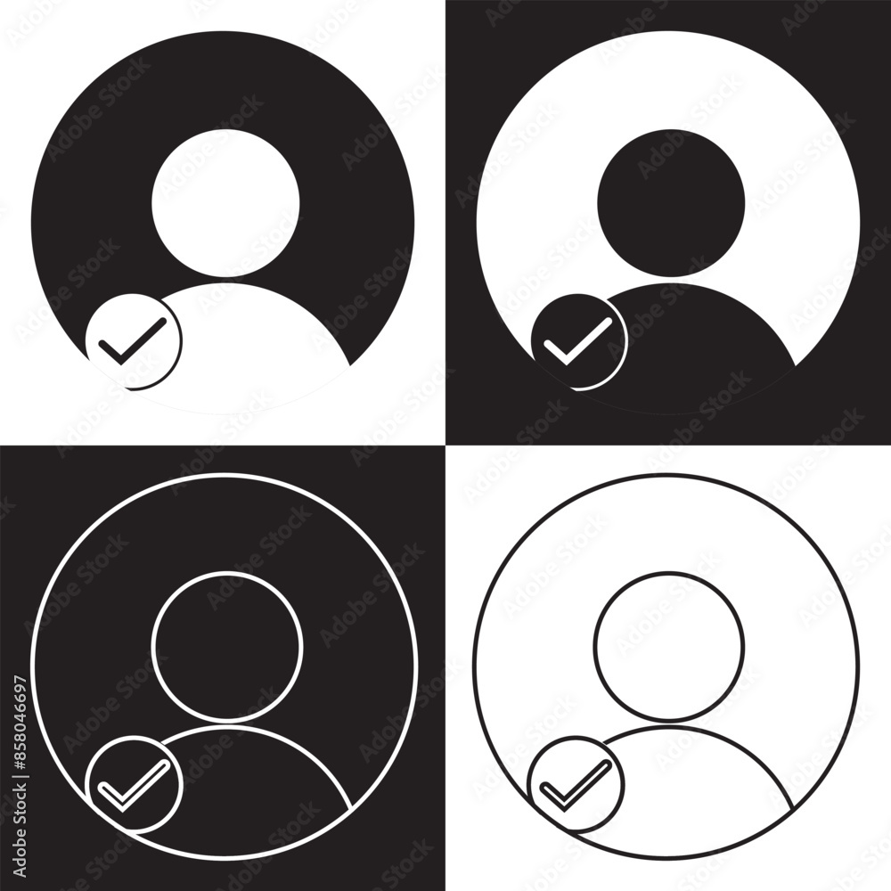 Poster profile with checkmark icon set, line outline art user account accepted symbol with tick, approved o