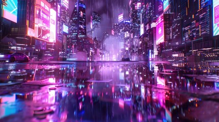 A neon cityscape with a reflection of the city in a puddle. Scene is vibrant and energetic
