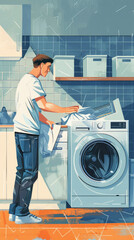 Obraz premium A man is seen filling a washing machine with laundry, carefully placing clothes inside, the scene captures a routine household chore, emphasizing responsibility and everyday life, cartoon illustration