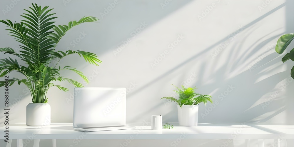 Poster creating a serene atmosphere in an elegant home office with a beautiful array of plants. concept hom