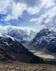 Obraz premium View of the Torre Mountains, Fitz Roy, Cerro Solo, Lake Viedma and the South Icefield from the Loma del pliegue Tumbado in El Chalten - Argentina.