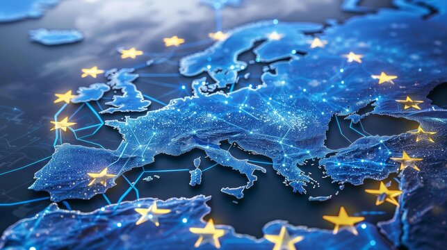 Eu network mapping western europe connectivity, data transfer, cyber tech, business exchange - Powered by Adobe