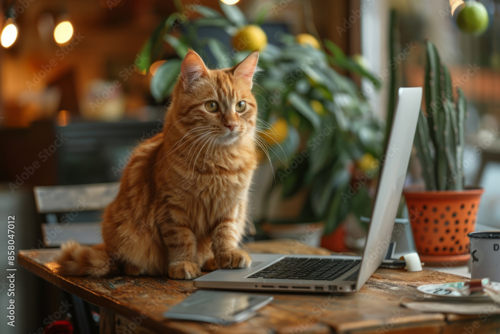 Poster red cat working on a computer in a home office