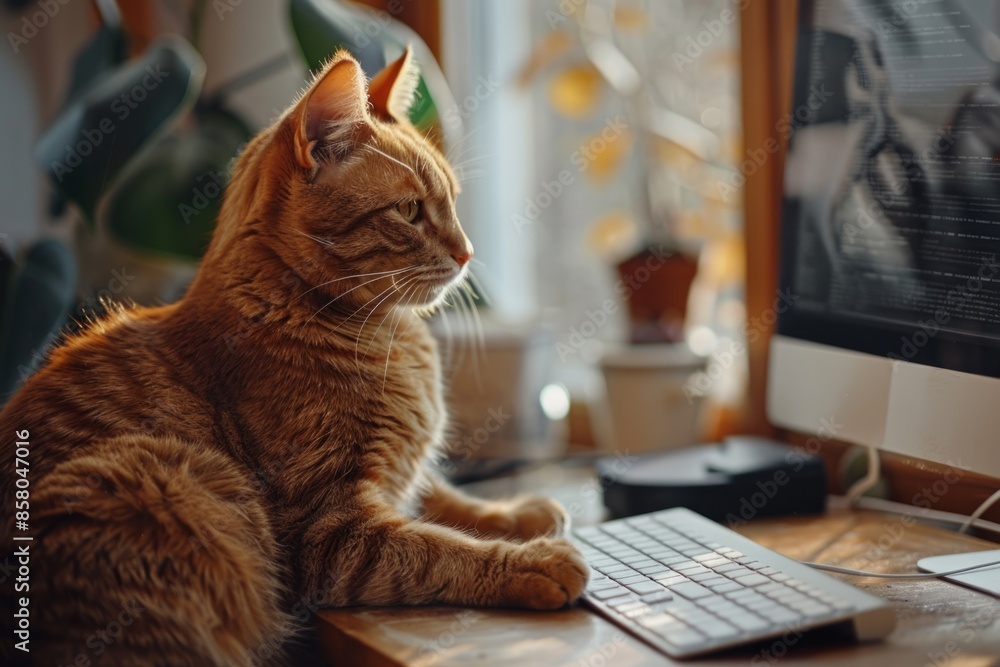 Poster red cat working on a computer in a home office