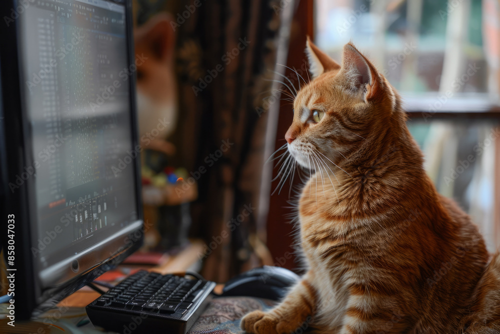 Poster red cat working on a computer in a home office