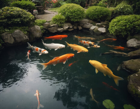 Carpe koi dorate e argentate che si vedono chiaramente nell'acqua limpida di un laghetto.
