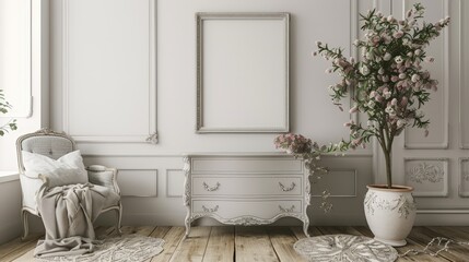 Fototapeta premium A white ornate chest of drawers stands against a white wall, with a large frame and a vintage chair