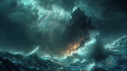 A fierce storm at sea, with the ship tossing on giant waves and Jonah being thrown overboard by terrified sailors.
