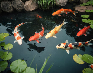 Un laghetto con carpe koi e piante acquatiche, circondato da un giardino curato.
