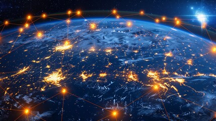 Obraz premium Nighttime satellite view earth globe with illuminated north american cities and abstract usa map