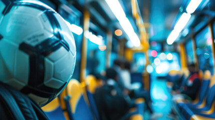 Soccer ball on the background inside the bus. Sports bus for a football team