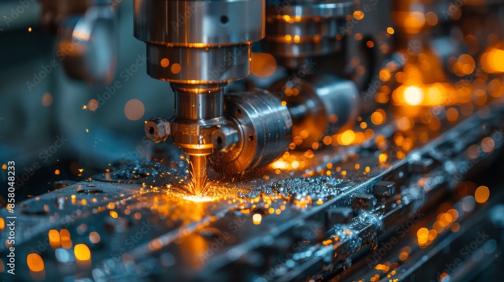 Poster an industrial cutting machine in a workshop setting, producing a burst of glowing sparks during a pr
