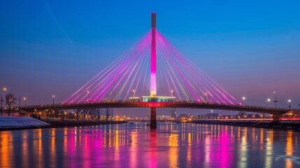 Fototapeta premium Smart city lights at night bridge, connectivity network, tech, telecommunications