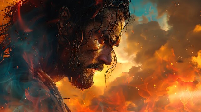 A reflective Samson, regaining his strength through prayer, with a determined look on his face, set against a dramatic sky.
