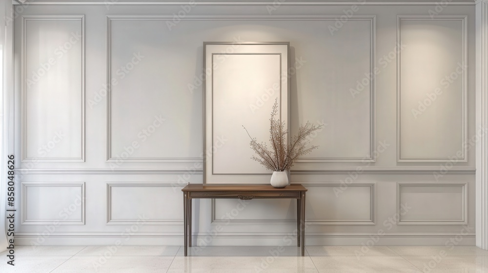 Aufkleber a white wall with a large frame and a console table with a vase of branches in front of it