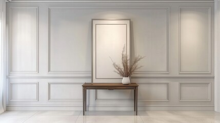 A white wall with a large frame and a console table with a vase of branches in front of it