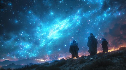 Angels appearing to shepherds in the fields, announcing the birth of Jesus, with the night sky filled with a radiant glow and the shepherds in awe.