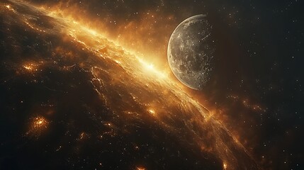 Obraz premium Creation of celestial bodies, the sun, moon, and stars being placed in the sky, with the sun's rays illuminating the earth and the moon casting a serene glow.