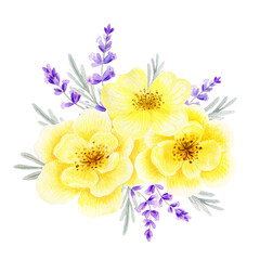 Watercolor yellow roses bouquet. Summer arrangements with light lemon flowers and lavender