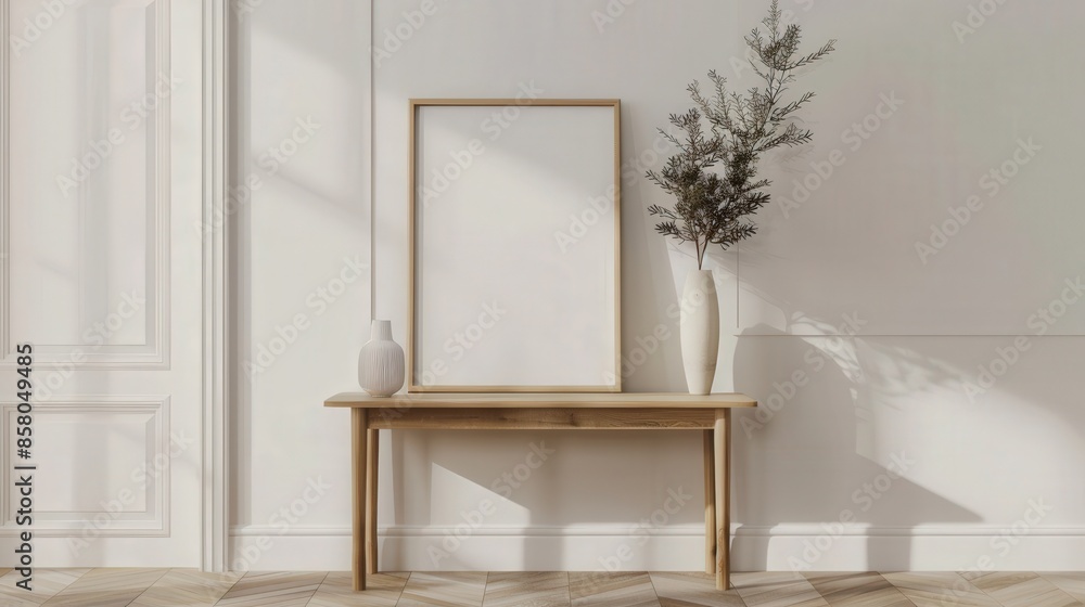 Aufkleber a white room features a console table with a framed artwork and a vase with greenery, creating a min