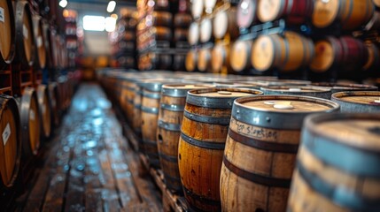 A well-organized warehouse filled with rows of wooden barrels, showcasing the aging process of spirits or beverages in a controlled environment.
