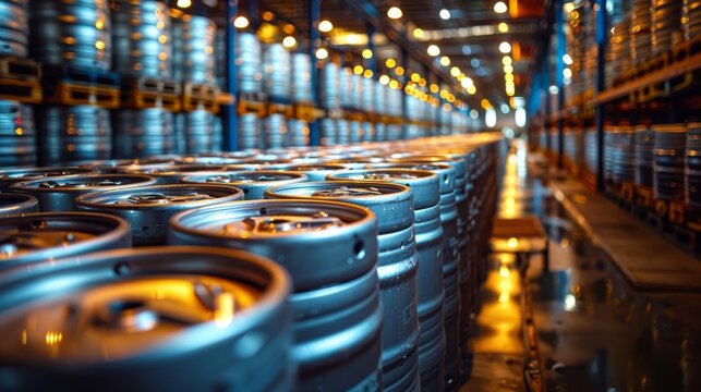 An industrial scene featuring rows of metal kegs neatly stacked in a large warehouse setting, representing storage, distribution, and the efficiency of large-scale operations.