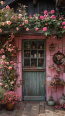Fototapeta premium A rustic cottage door adorned with blooming pink roses and potted plants, creating a picturesque and inviting entrance