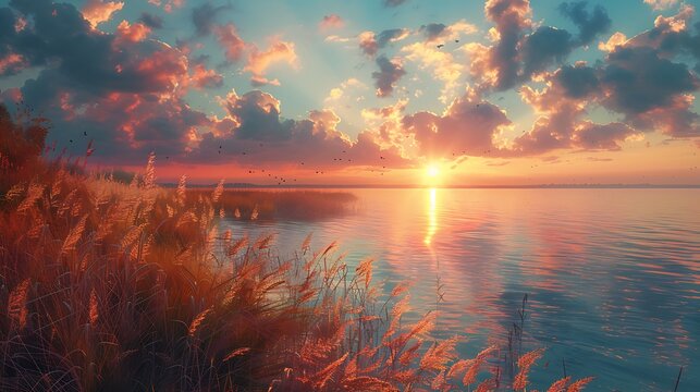 God resting on the seventh day, a serene landscape with a divine presence overlooking the completed creation, exuding peace and tranquility.