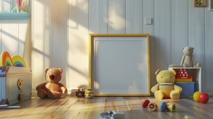 A brightly lit playroom features a large picture frame, plush toys, and a wooden toy chest